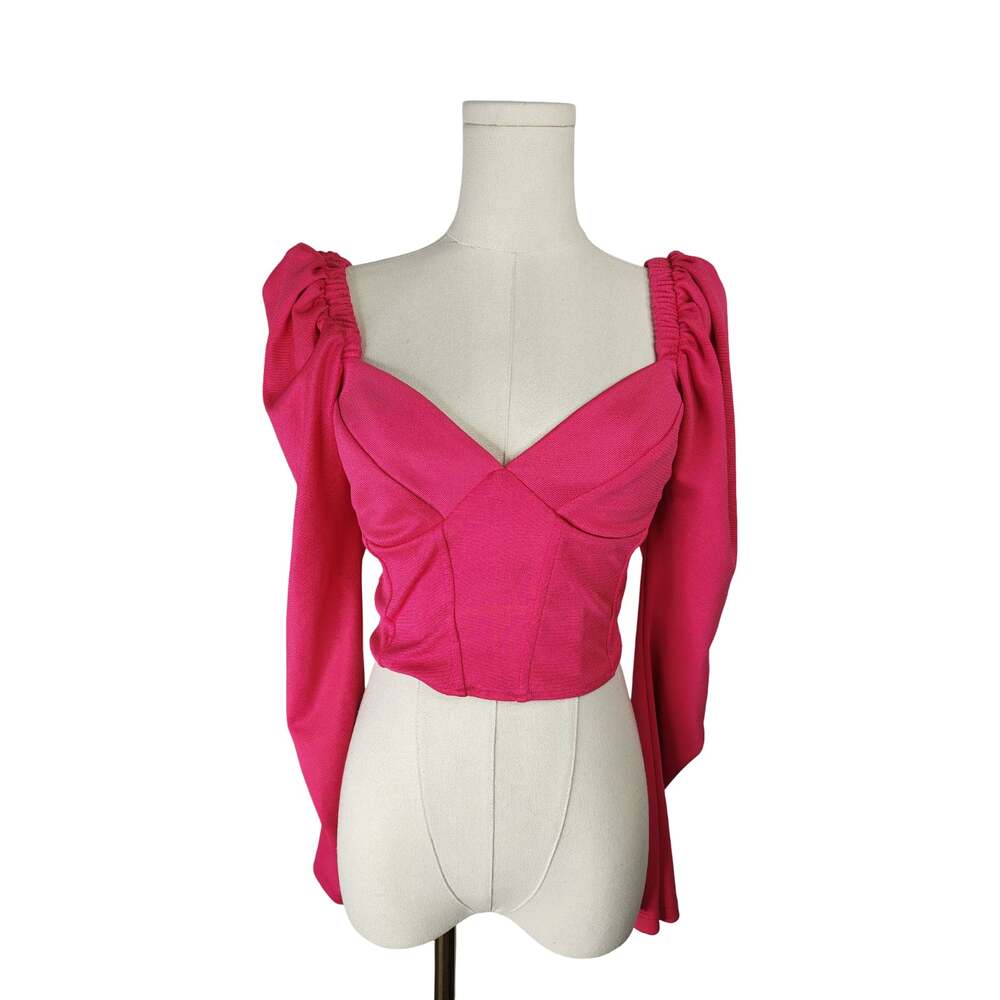 Zara Hot Pink Corset Style Puff Sleeve Top Size M